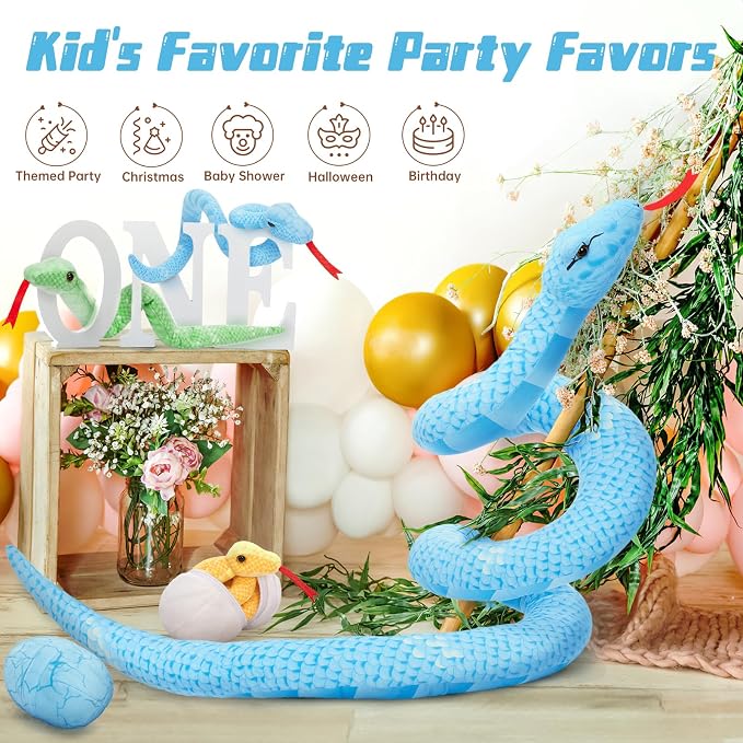 MorisMos Giant Snake Stuffed Animals Mommy with Babies & Eggs,55" Mama Stuffed Snake Toy for Kid Girl Boy,Realistic Blue Anaconda Toy,Colorful Baby Python Toys for Halloween Decor/Jungle-Themed Party