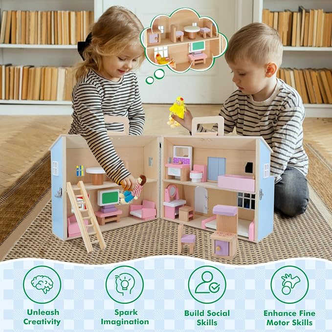 SIMPLIPLAY Wooden Dollhouse, DIY Portable Pretend Play Doll House Set with 4 Rooms, 13 Furnitures, 2 Dolls, 3 Sticker with 2 Styles, Enhance Creativity, Doll House for Kids Toddler Christmas Birthday