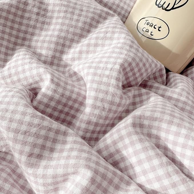 LifeTB Purple Gingham Comforter Set King 3 Pieces Purple Grid Bedding Comforter with Romantic White Lace Fluffy Soft Microfiber Farmhouse Gingham Bedding Set Vintage Plaid Checkered Comforter Set