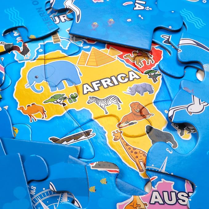 IFLOVE World Map Floor Puzzle for Kids — 48 Piece Jumbo Geography Jigsaw Puzzle, Globe Atlas Puzzle with Continents Animals Landmarks, Educational Toy Birthday for Boys Girls Ages 3-8