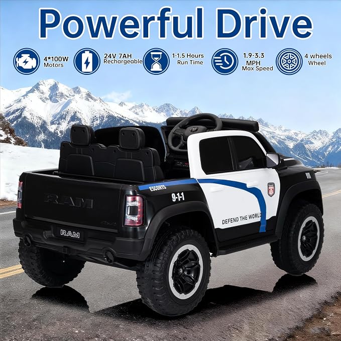 FINITO 4WD Kids 24V 4x4 Kids Ride On 2 Seater Police Truck, Remote Control Ride On Toy Car, Kids' Electric Ride On Truck, Kids' Side by Side Truck for Children Ages 3+, Powered Cars for Kids