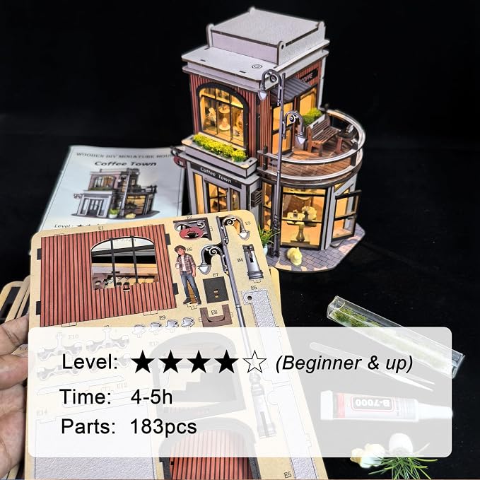 DIY Coffee Shop Book Nook Kit for Adults with LED Lights | 3D wooden puzzle, miniature dollhouse bookshelf insert and desk decor, creative craft gift for birthdays and Christmas.