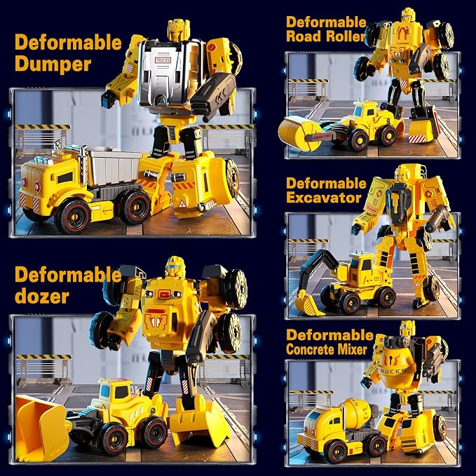 5-in-1 Transforming Construction Trucks Toys for Boys 3-6, STEM Building Vehicles Action Figures with Weapons for Child Age 4-7 – Toddler Robot Car Playset for Kids Birthday Gift