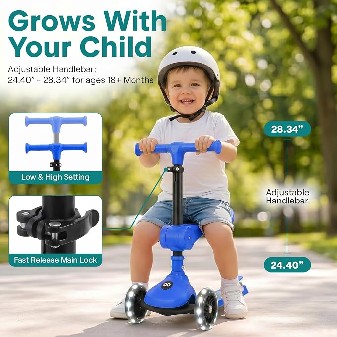 SereneLife 3 Wheel Scooter for Toddlers & Kids, Foldable Seat, LED Wheels, Adjustable Handlebar, Anti-Slip Deck, Rear Foot Brake, Lean-to-Steer, Kid Scooter Ages 18M–7Y, Supports up to 110 lbs., Blue