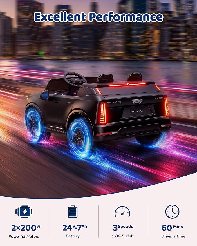 Firstness 2 Seater Ride on Car for Kids 24V Licensed Cadillac Escalade IQ Powered Wheels with Remote Control 400W Electric Ride on Toy with 3 Speed Light Music 7AH Battery Car for Kids Ages 3-8, Black