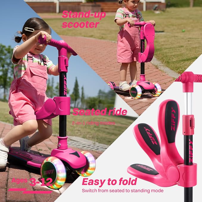 JOVA ZIFFY 2-in-1 Toddler Scooter with Seat, 3 Wheel Scooter for Kids 3-5 6-12, Foldable Light-Up Kid Scooters for Boy Girl 110 Lbs, Anti-Slip Deck, 3 Adjustable Height Handlebar, Kids Riding Toys