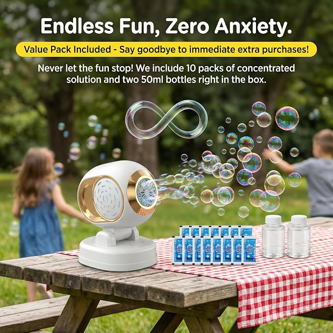 KYWYOYOU White Stage Bubble Machine for Wedding Parties, Rechargeable Maker | Automatic rotating blower with adjustable head for kids, toddlers & outdoor play. Includes 10 professional solution refills.