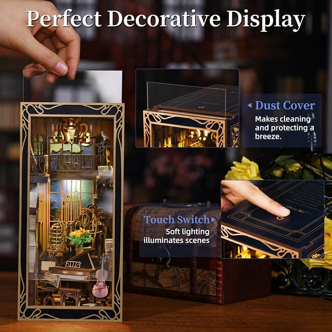 MiniCity DIY Book Nook Kit for Adults, 3D Wooden Puzzle Bookend Bookshelf Insert Decor with LED Light and Dust Cover (Pianist with Nightingale)