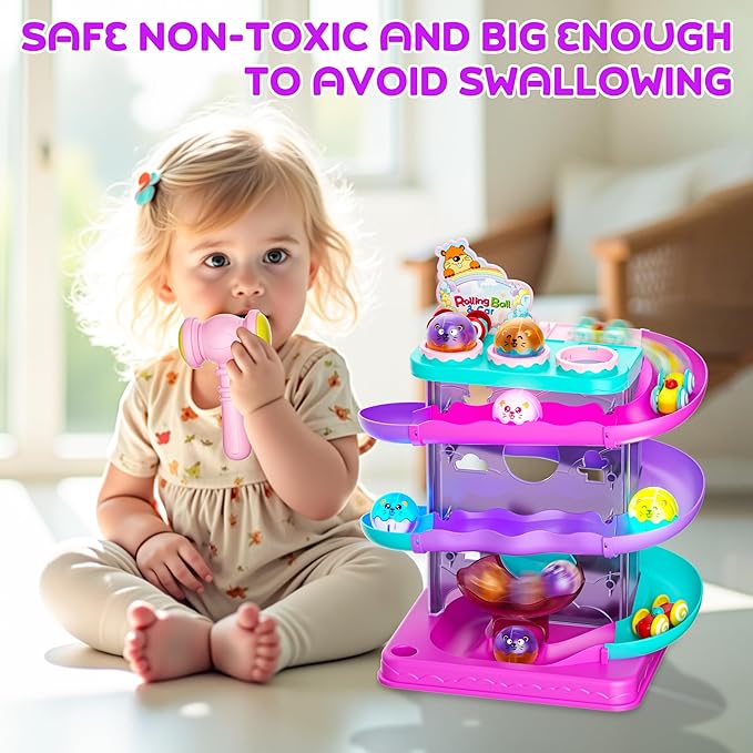 2-in-1 Light-Up Ball Drop & Car Ramp Track Toy with Hammer for Toddlers | Hammer, Launch, Roll and Race with a 2-in-1 Track Toy Made for Hands-On Fun