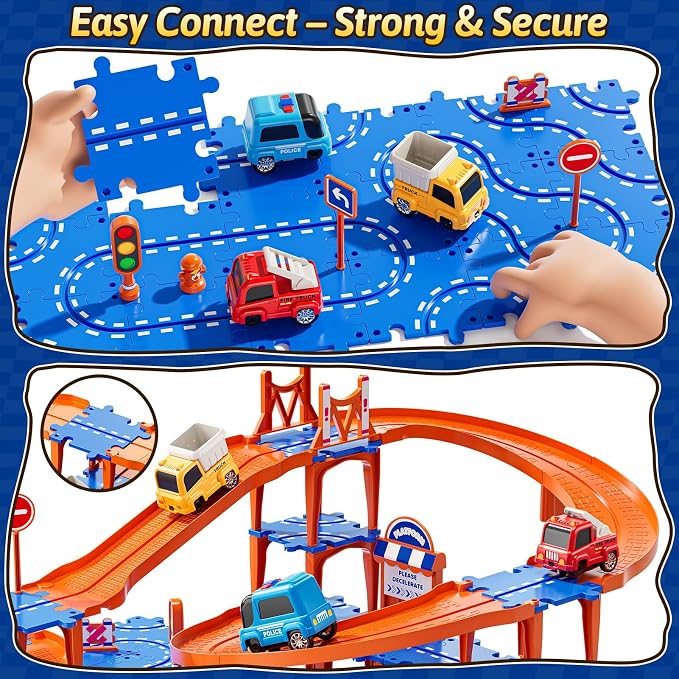 Puzzles Track Race Cars Toys for Kids Age 3-8 5-7, 4-Tier Race Track with 3 Cars, Toddler Educational Floor Puzzle Car Games Toys for Boys and Girls Toddlers, 3 4 5 6 7 8 Years Birthday Gift