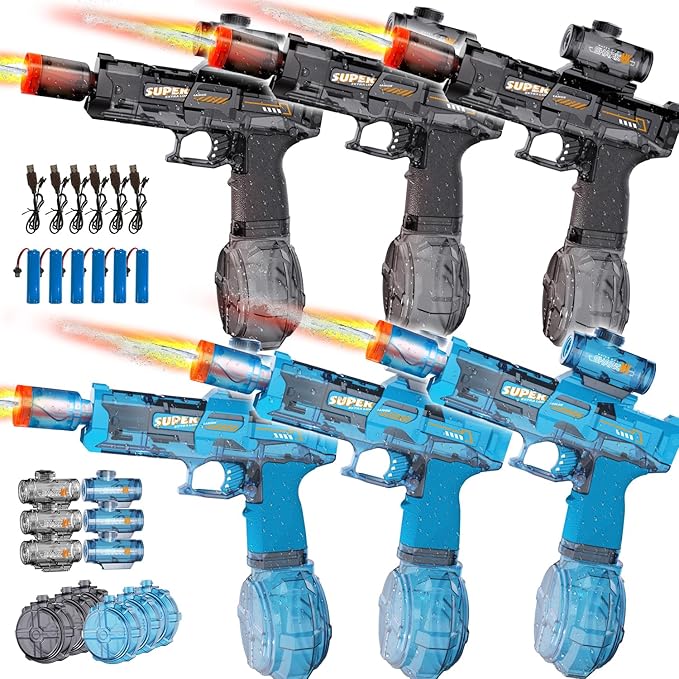 6pcs Electric Water Gun for Kids Adults, Auto Squirt Gun with Flashing Muzzle, 26FT Range, Leak-Proof Rechargeable Water Blaster for Summer Pool Beach Water Fights (3 Black+3Blue)