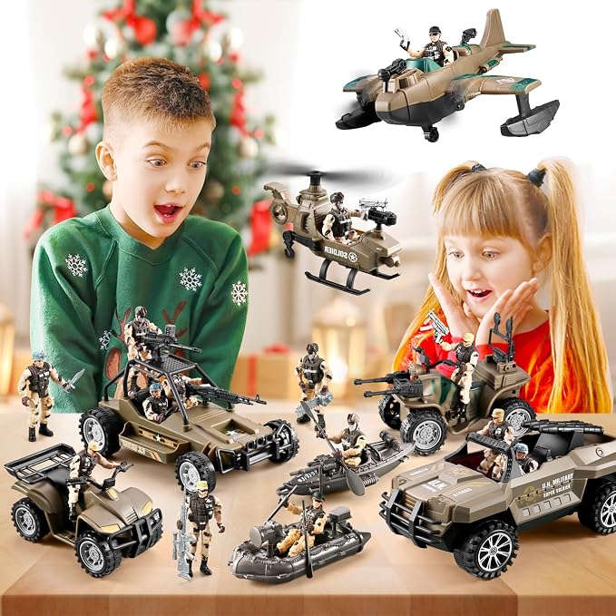 56-in-1 Army Men Toys for Boys 4-7 6-8 8-12, Military Truck/Helicopter/Kayak Boat/Motorcycle/Army Men Action Figures/Weapon Gears, Army Toys for Boys Kids Birthday Gifts Party Favors