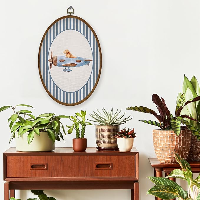 WULQYING Golden Retriever Airplane Nursery Wall Art Decor, Kids Room Oval Framed Canvas Art Prints, Blue Striped Airplane Aviator Dog Wall Hanging Decor for Kids Room Bedroom Playroom, 8.6x11.4 Inches