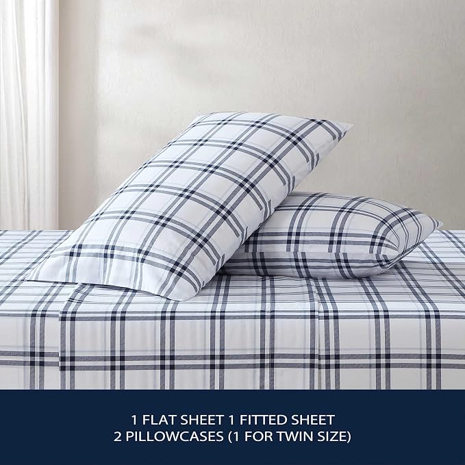 Nautica - King Bed Sheets, Lightweight Cotton Percale Bedding Set with Matching Pillowcases, Crisp & Cool, Oeko-Tex Certified (Ryan Cove Plaid Blue)