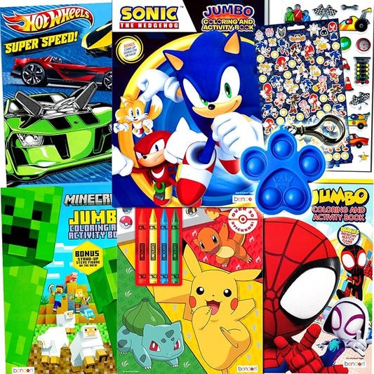 Kids Coloring & Activity Books for Boys Ages 4-8 Featuring Sonic The Hedgehog,Pokemon Bundle with Coloring Utensils, Stickers, and More