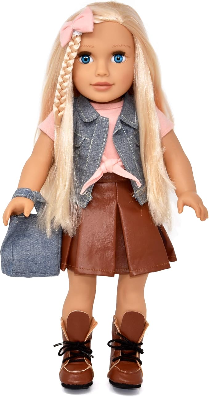 Gift Boutique 18 Inch Girl Doll, Fashion Doll with Fine Blonde Long Hair for Styling, Blue Eyes, Leather Boots, Denim Jacket Hair Bow Handbag, Clothes and Accessories Princess Doll for Kids