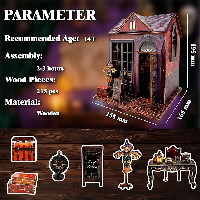 Magic Cabin Miniature Dollhouse with LED Lights, Vintage Furniture & Decor – Handcrafted Fantasy Shop Display for Home Decor, Collectibles & Gifts
