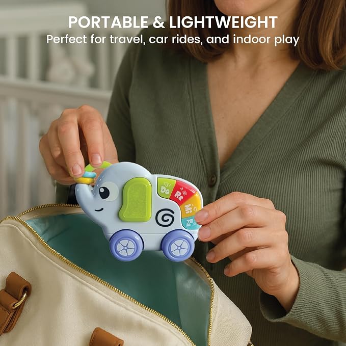 Lulyloo Elephant Rolling Music Piano interactive toddler toy with colorful tune keys, spinning beads, smooth wheels, fun melodies and volume control, lightweight for crawling, sitting and cruising fun