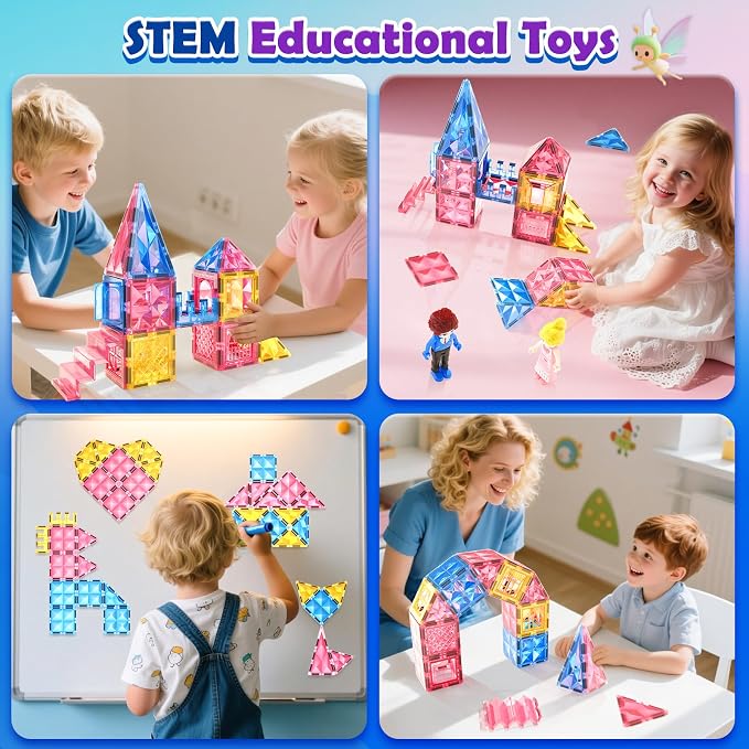 Soyee Diamond Magnetic Tiles Magnet Building Blocks - Princess Castle Toys for Girls & Boys Age 3-8 Birthday Present 5 6 7 8 9 10 Year Old Gifts for Kids Classroom