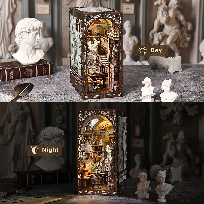 CCCDF DIY Book Nook Library Kit, Miniature Dollhouse Booknook Kit, 3D Wooden Puzzle Bookend Bookshelf with LED Light for Teens and Adults (Bernini's Sculpture Workshop)