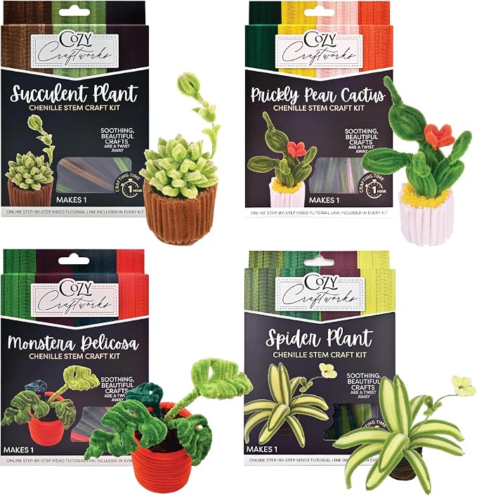 WeVeel Cozy Craftworks Chenille Stem Craft Kit for Adults – CC Small Plants Bundle – Relaxing DIY Arts & Crafts Kit with All Supplies