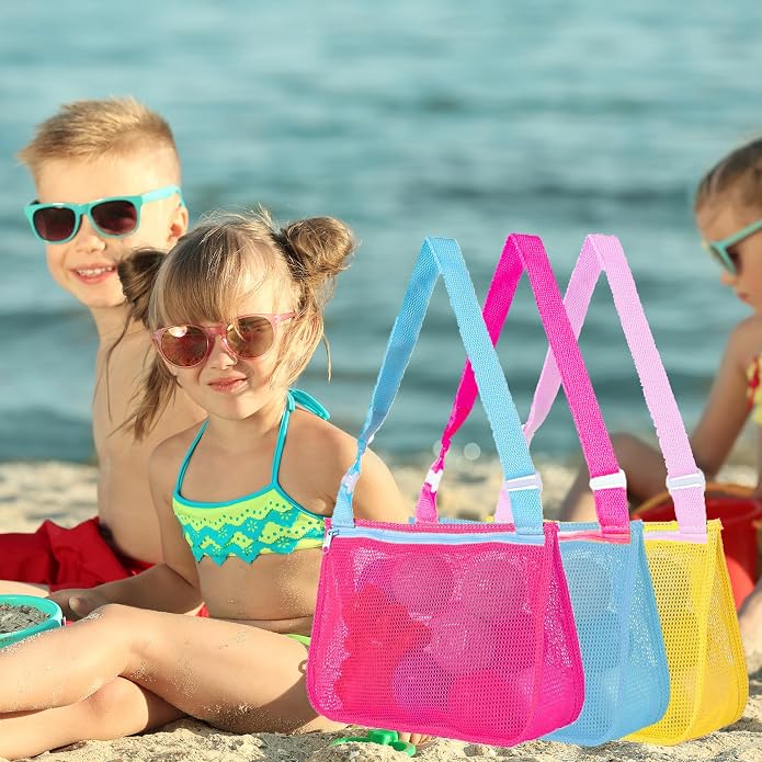 UTTPLL Colorful Mesh Beach Bag Adjustable Kids Quick Dry Net Tote for Seashell Collecting Sand Toy Swimming Accessories