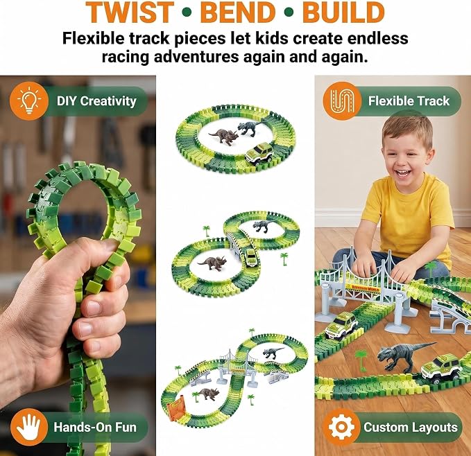 Dinosaur Race Track Toys for Boys 3-5, Flexible Bridge Car Track Set with 2 Toy Cars & Dinosaur Figures, Adventure Race Track Playset for Boys Age 4-7 Birthday Gifts