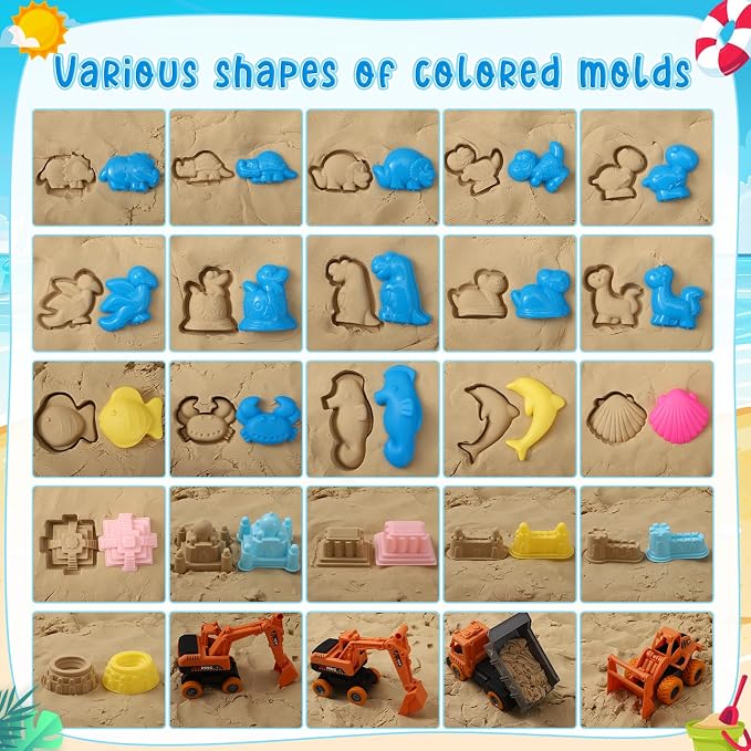 Beach Toys, 36 Pcs Sand Toys with 4 Construction Vehicles, 2 Collapsible Beach Bucket,1 Castle Buckets, Sand Castle Building Kit, Sand Molds, Shovel Set for Kids Boys Girls Age 3+
