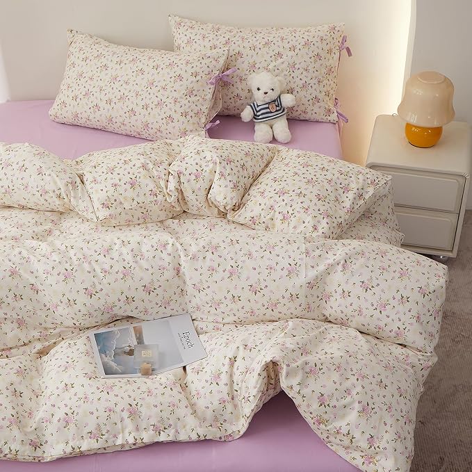 LifeTB Floral Cottagecore Comforter Set King, 3 Pieces Vintage Flowers Comforter Coquette Aesthetic Bedding Set for Girls Teen Women, Soft Lightweight Botanical Comforter with 2 Bow Ties Pillowcases