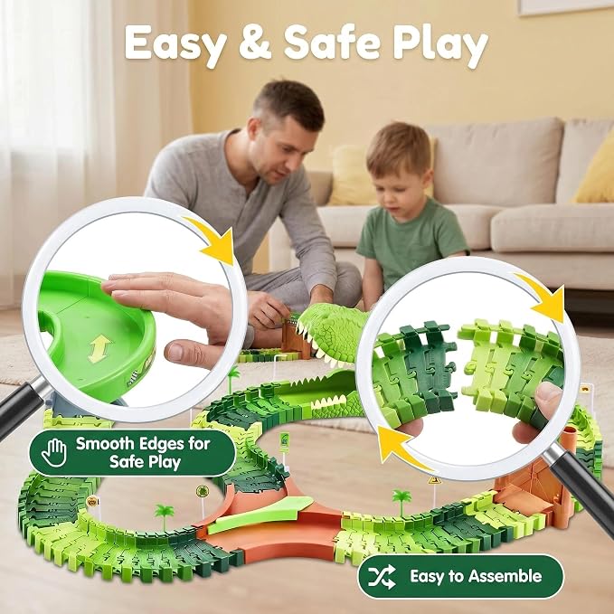 Dinosaur Race Track Toys for Boys 3-5, Spiral Car Track Set with Dinosaur Adventure Scene, Flexible Race Track Playset for Boys Age 4-7 Birthday Gifts
