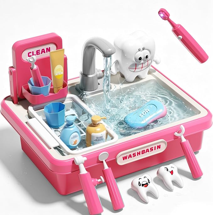 Play Sink with Running Water, Toy Sink Auto Water Cycle System, Play Sink Toys for 2 3 4 Year Old Girls, Dentist Play Set with Oversize Teeth, Birthday Gifts for 2 3 4 5 Year Old, Practice Cleaning