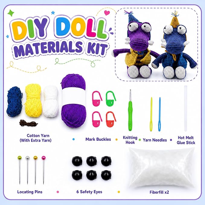 Knitting & Crochet Kit for Beginners - Easy Learn to Crochet Animal Kit, Knitting Crocodile Amigurumi Starter Kit with Step-by-Step Instructions Manual Holiday Birthday Crochet Gifts(Purple, 2 Pack)