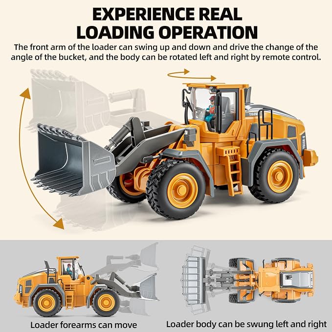 Metal RC Wheel Loader, 9-Channel Remote Control Construction Truck with Realistic Lights & Sounds, 1:20 Scale Rechargeable Engineering Toy for Boys Age 3-12, STEM Educational Gift