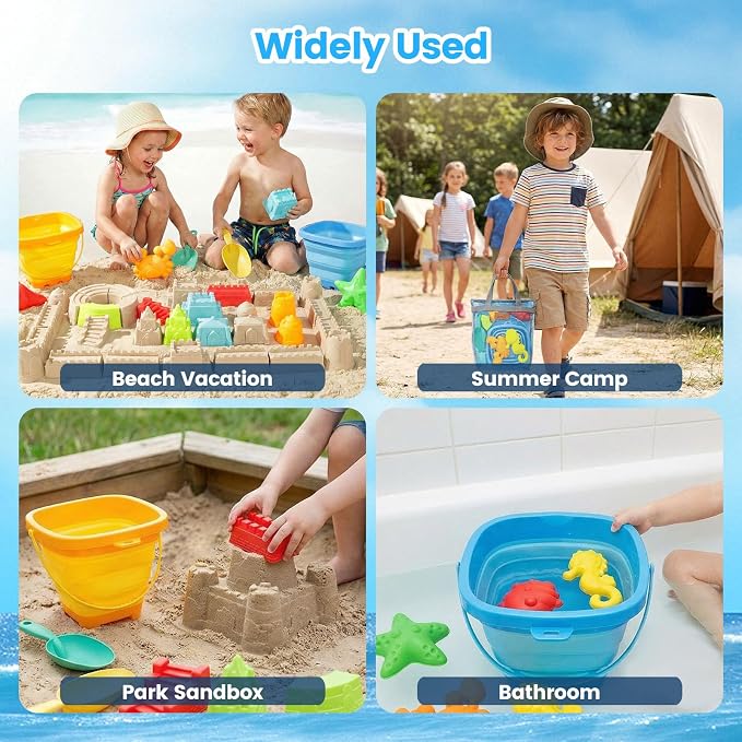 LovesTown Collapsible Beach Toys for Kids, Collapsible Sand Bucket and Shovels Set with Mesh Bag & Sand Molds, Beach Vacation Essentials, 19PCS