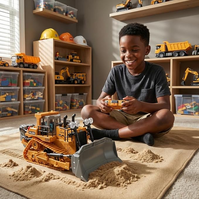 RC Bulldozer Toy,9-Channel rc construction vehicle bulldozer toys for boys rc dozer Simulated Construction Site Toy, LED Lights & Sound, All-Terrain Tracked Dozer 3 4 5 year oldGift for Birthday