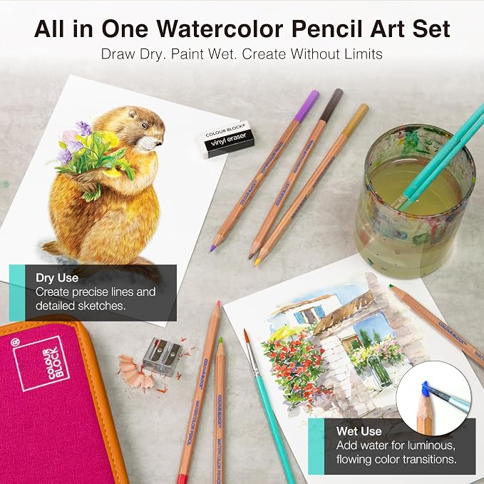 COLOUR BLOCK Watercolor Pencil Travel Art Set I 34pc Professional Drawing Kit, 50Sheets Drawing Pad, Paint Brushes I Vibrant Pigments for Coloring, Blending