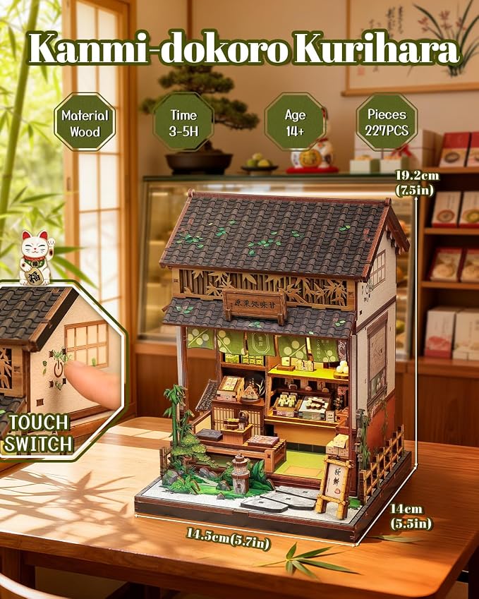 Book Nook Kit - DIY Miniature Japanese Wagashi Shop, 3D Wooden Puzzle Dollhouse with LED Lights, Tiny Bookend & Creative Bookshelf Decor, Craft Gift for Adults, Teens & Book Lovers