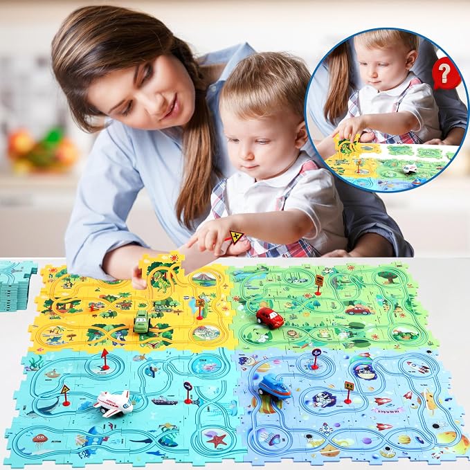 100PCS Puzzle Racer Kids Car Track Set Puzzle Racer Car Track Set with Roadmap Puzzle Track Car Play Set Toy for Kids 3-8 Years Old - 4 Style
