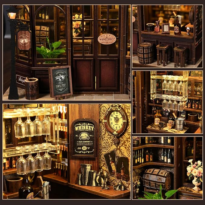 Corner Tavern Book Nook Kit, 3D Wooden Puzzle DIY Miniature House with Warm LED Light, Aesthetic Bookshelf Insert Decor for Adults & Teens