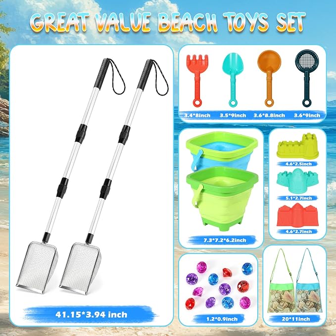 Beach Sand Toys Set with 2 PCS Adjustable Sand Sifter, Collapsible Beach Bucket,Sandbox Shovels,Sand Castle Kit,Diving Gem,Seashell Bags,Sand Sifter Shell Scooper Beach Essentials for kids 3-12