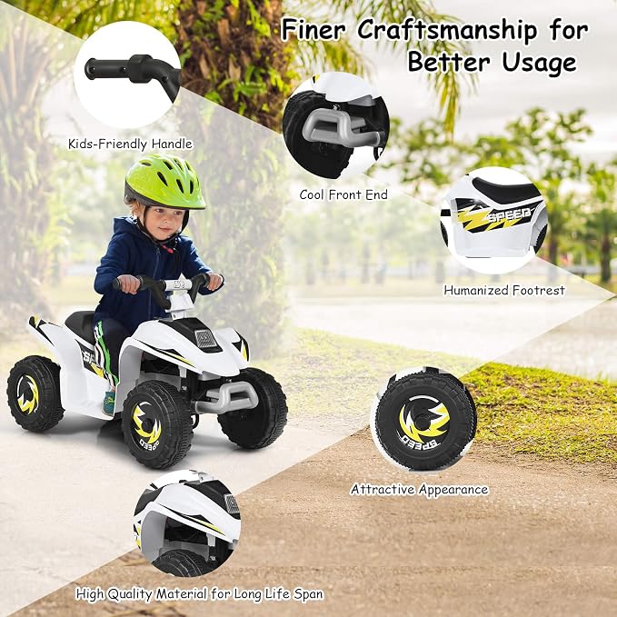 Costzon Kids ATV, 6V Battery Powered Electric Quad, Forward/Reverse Switch, Rear Wheeler Motorized Ride On Mini Vehicle Car for Toddlers Boys Girls, Ride on ATV (White)