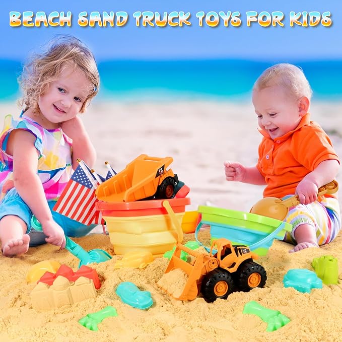 HUITEM Beach Sand Toys for Kids Sandbox Toys with 2 Collapsible Bucket Sand, 2 Dump Truck, Dinosaur Molds, Sand Castle Kit, Shovel Sieve,Flags,Mesh Bag Travel Beach Toys for Toddler 3-10