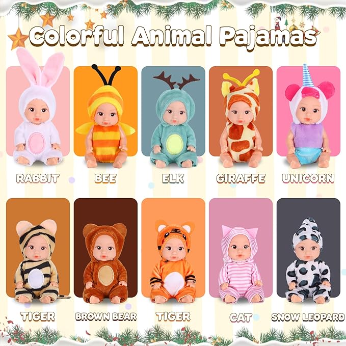 Vueos 10 Pcs 4 Inch Mini Baby Dolls Playset Lifelike Realistic Baby Dolls with Handmade Animal Clothes Cute Small Baby Doll Gifts Set for Toddlers Girls Kids 3+