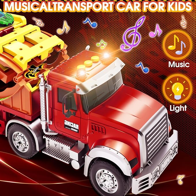 Kids Toys for 3 4 5 6 7 8 Years Old Boys, Carrier Truck Transport Car with Lights Sounds, Foldable Layer Car Race Track Playset with Race Track, 6 Metal Toy Cars, Christmas Birthday Gift for Toddler