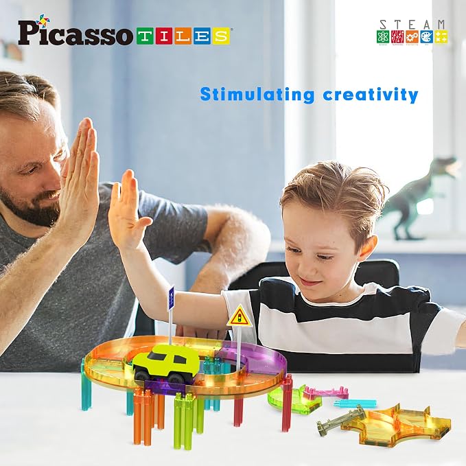 PicassoTiles Race Car Track Magnetic Tiles Travel Toy Sensory Magnet Tile Toys for Toddlers STEM Educational Learning Montessori Play Construction Building Blocks Kids Boys Girls Ages 3+ PTMR40