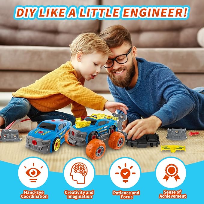 Pup Go 3-in-1 Construction Car for Boys Ages 3+ Years Old, Take Apart Car with Electric Drill, 46 Pcs Cars Building Kit, Build Your Own Toy Cars with Tools, Ideal STEM Present for Kids Children(Blue)