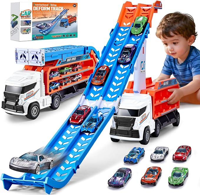 Race Track Truck Toys for 3 4 5 6 Years Old Kids - Carrier Truck Transport Car with 6 Die-Cast Cars Toys, 4-In-1 Truck with 2 Foldable Race Tracks, Christmas Birthday Gifts Toy for Toddler Boys, White