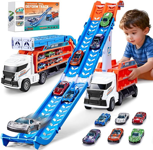 Race Track Truck Toys for 3 4 5 6 Years Old Kids - Carrier Truck Transport Car with 6 Die-Cast Cars Toys, 4-In-1 Truck with 2 Foldable Race Tracks, Christmas Birthday Gifts Toy for Toddler Boys, White