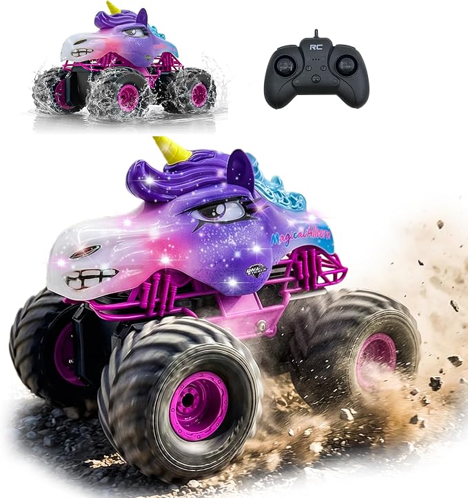 Unicorn RC Car for Girls 1:18 Amphibious Off-Road Remote Control Truck with LED Lights All-Terrain Monster Vehicle 2.4GHz High Speed Crawler Hobby Toy with 2 Batteries Birthday Gift Toys for Kids 6-12