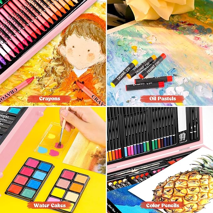 Caliart Art Supplies, 153-Pack Deluxe Art Set in Wooden Case, Crafts Drawing Painting Kits with 2 A4 Sketch Pads, Coloring Book, Stocking Stuffers Gifts for Teens Girls Kids Artists